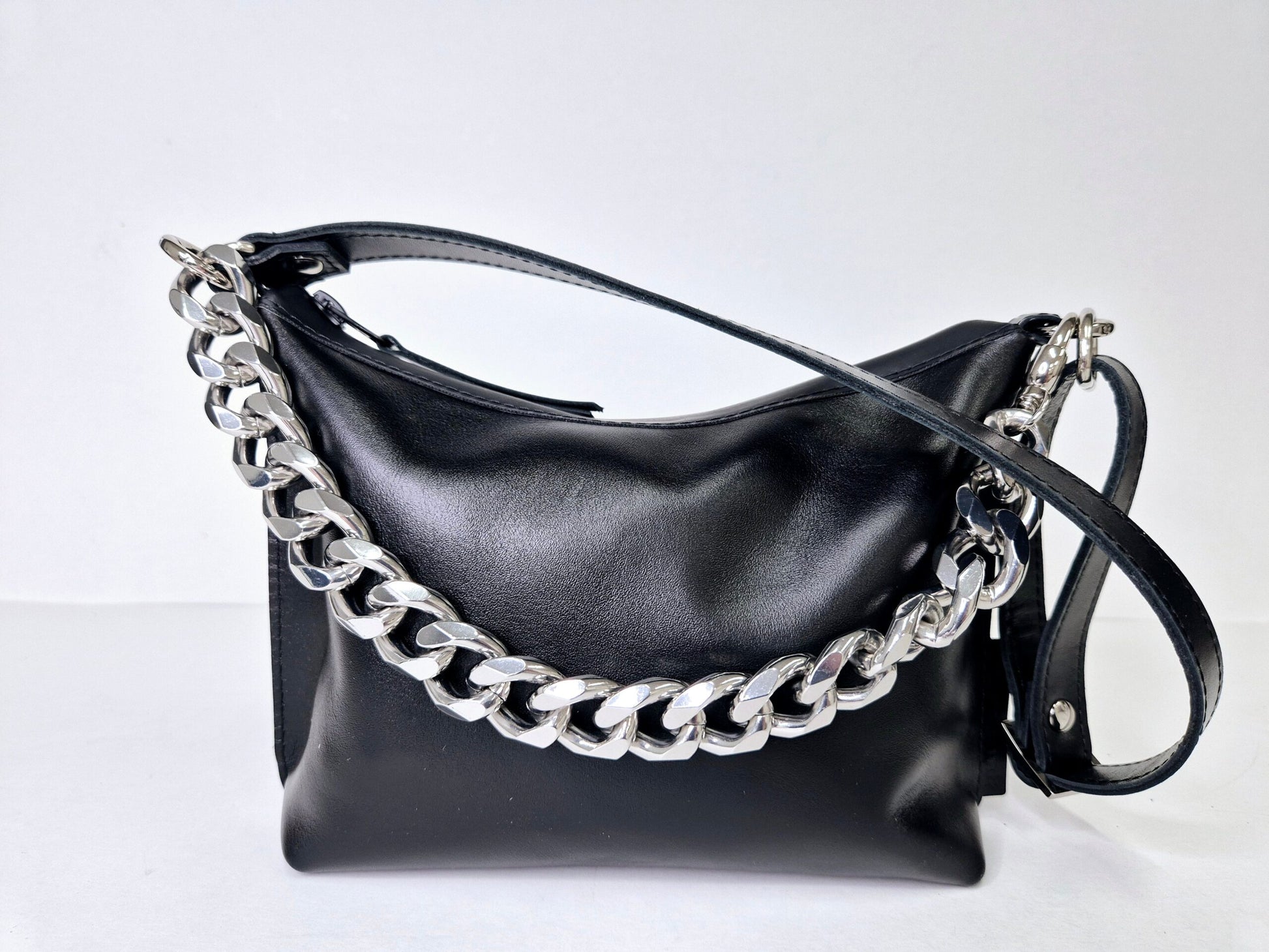 Black Leather Hobo Bag - Small