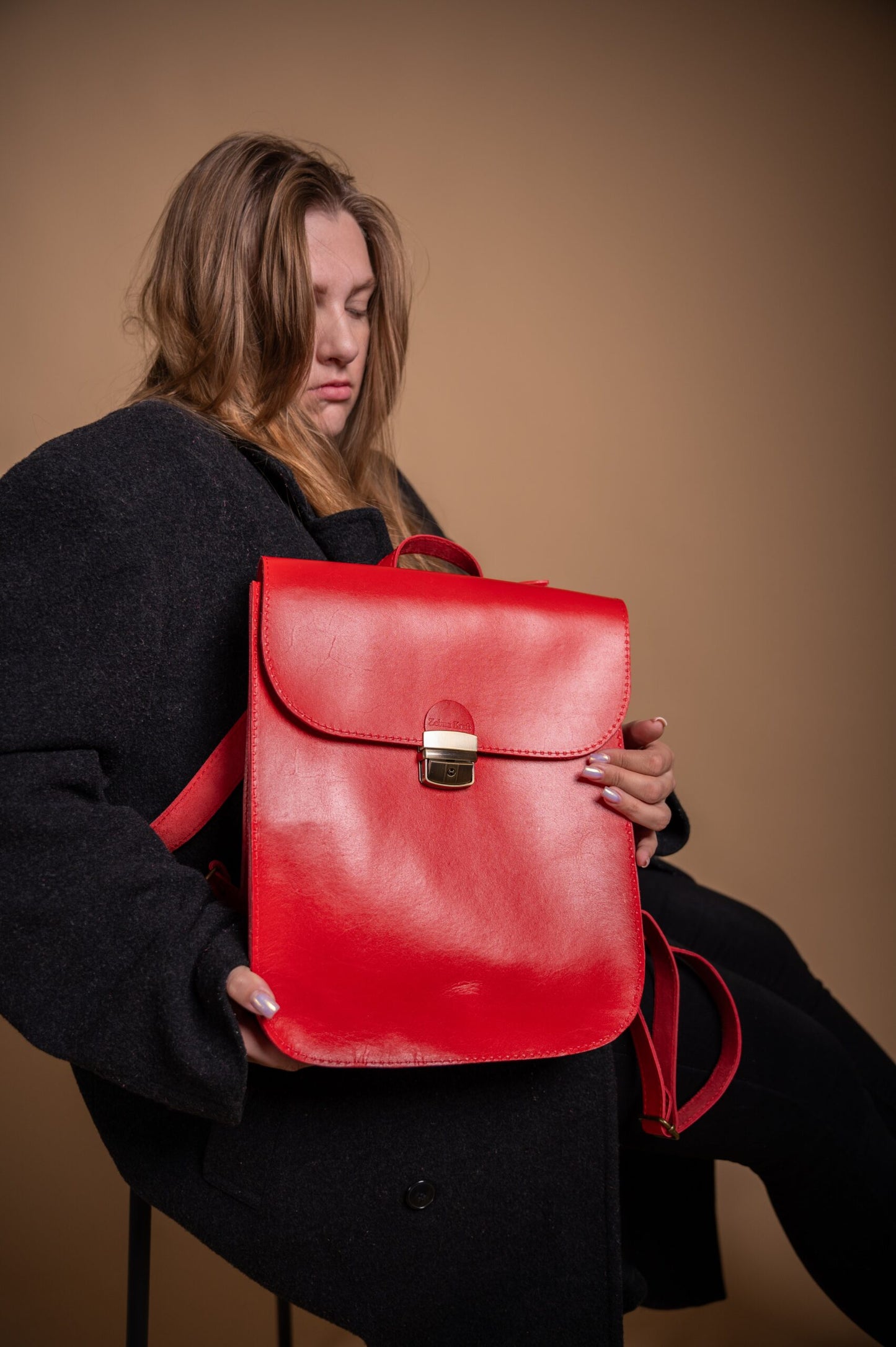 Natural Leather Saddle Backpack - Red