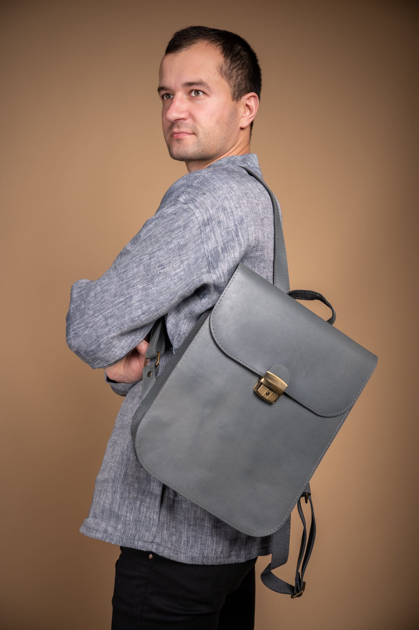 Natural Leather Saddle Backpack - Grey