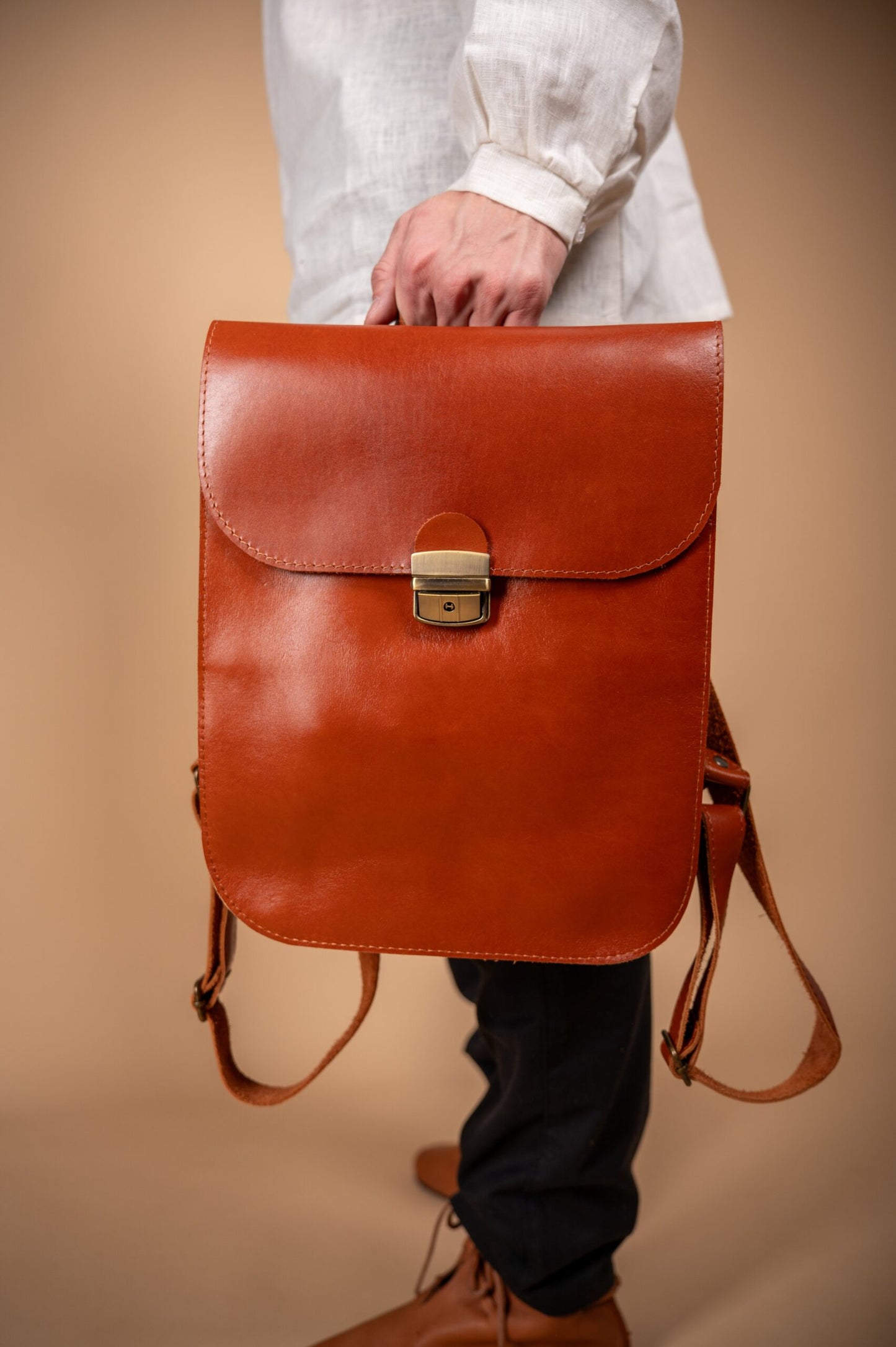 Natural Leather Saddle Backpack - Light Brown