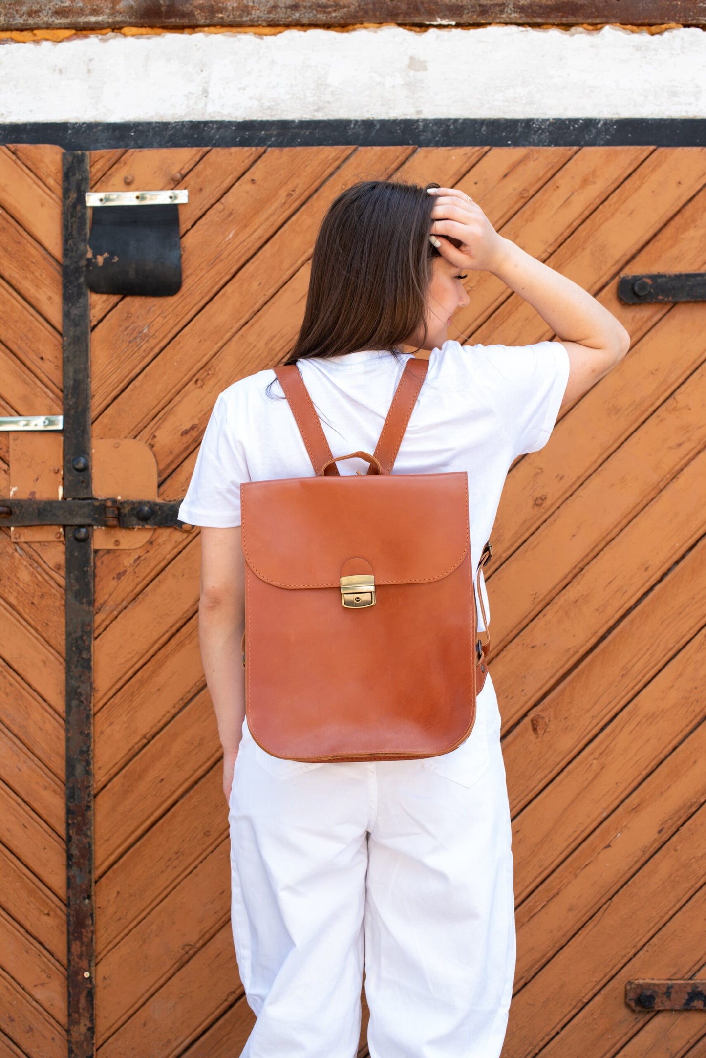 Natural Leather Saddle Backpack - Light Brown