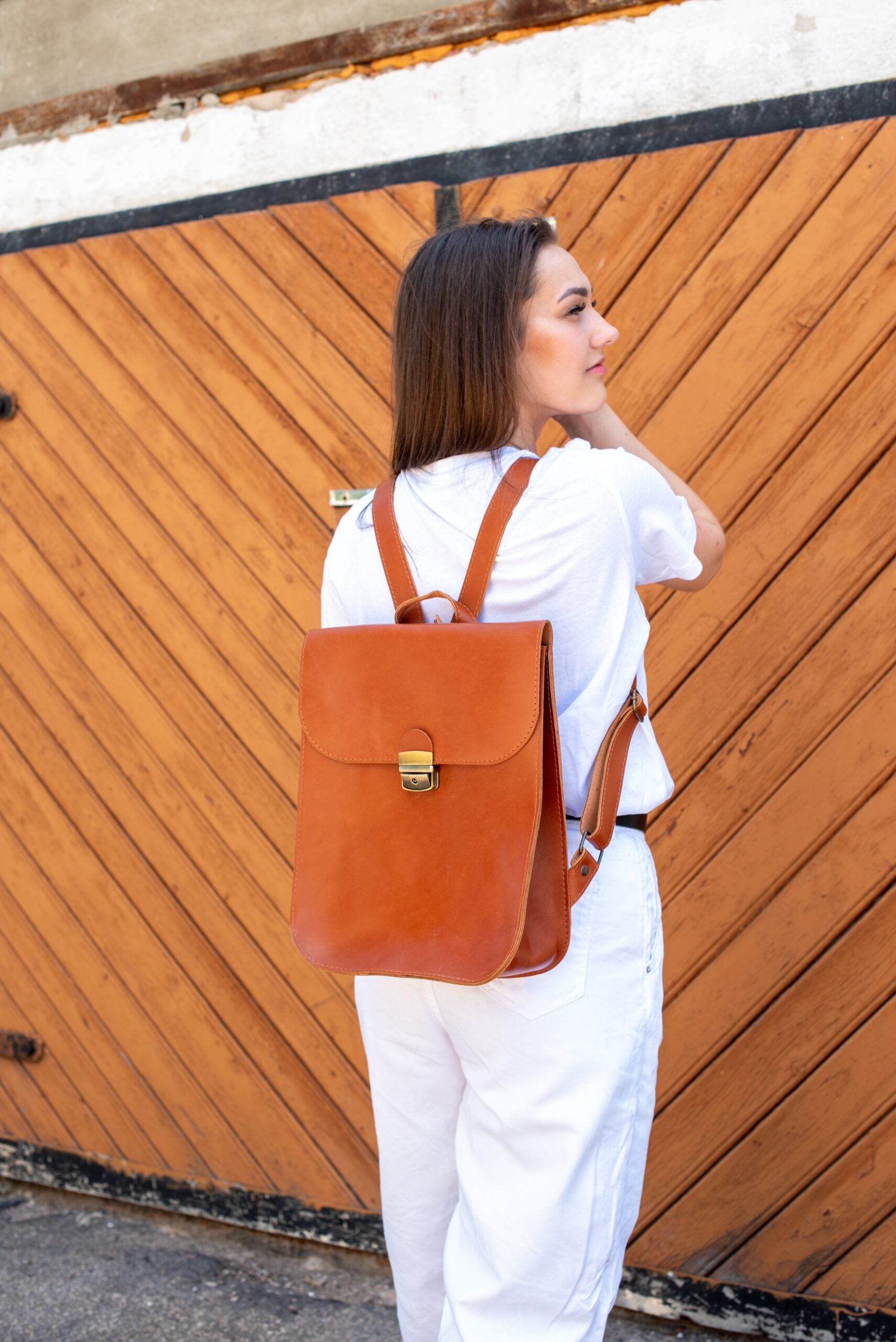 Natural Leather Saddle Backpack - Light Brown